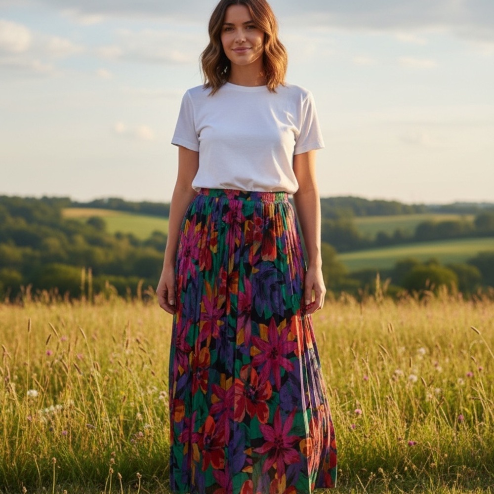 Floral Pleated Maxi Skirt — Multi Color
